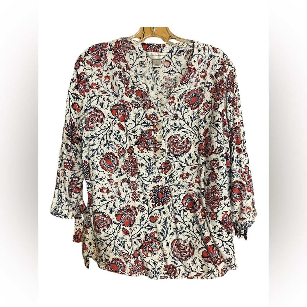 Christopher & Banks Top Size L 3/4 Tie Sleeves Floral Linen Blend Blue R…